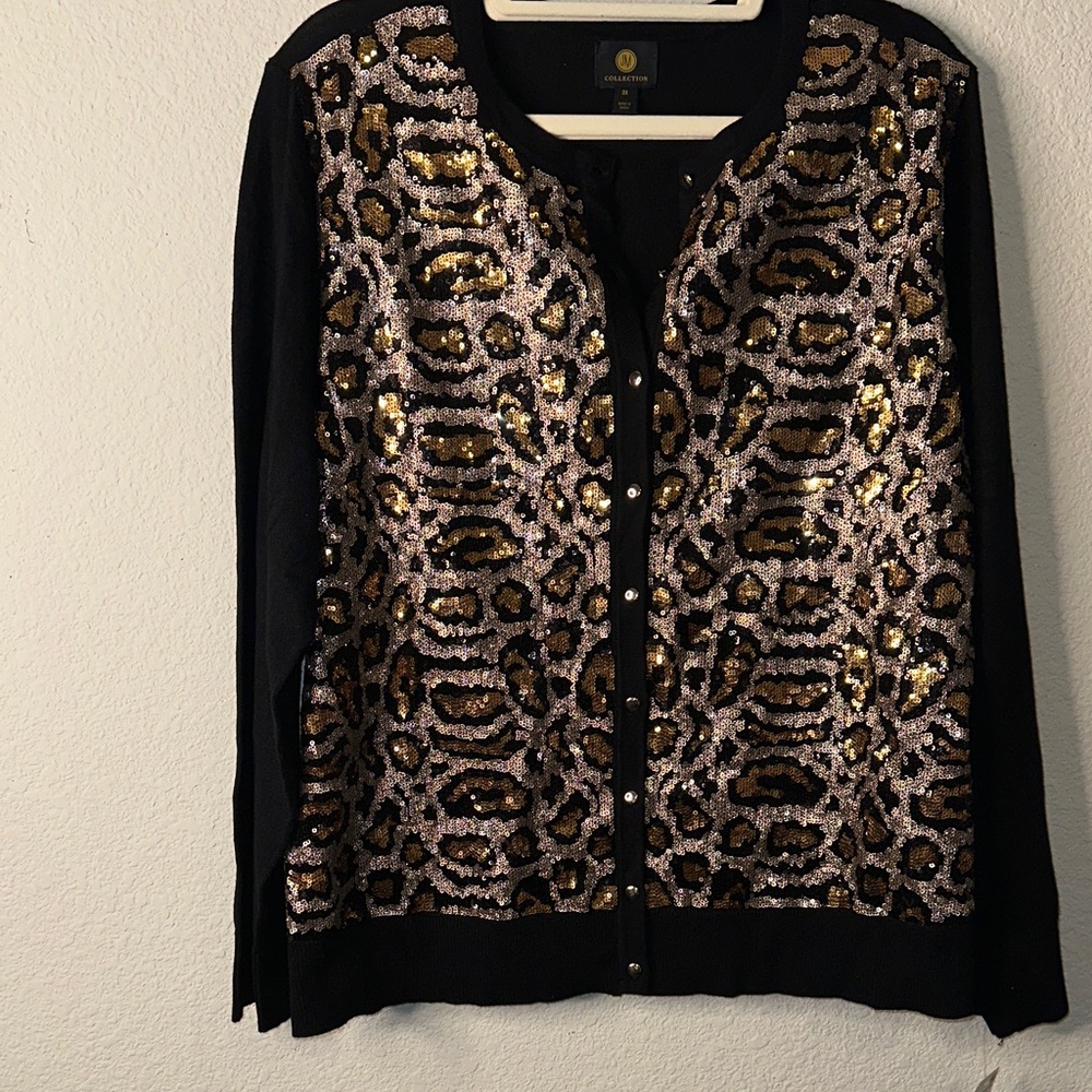JM Collection Black Sequin Leopard Cardigan with Gold Accents